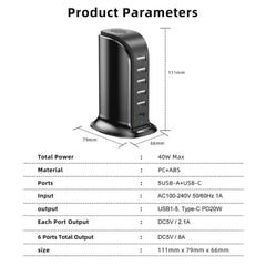 40W 6-Port USB PD Ladegerät, Schnellladestation für iPhone, Huawei, Samsung, Xiaomi