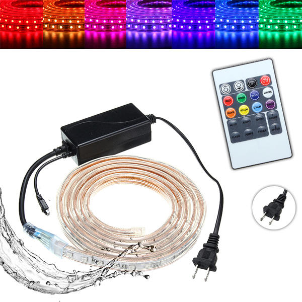 1/2/3/5M SMD5050 LED RGB Waterproof Outdoor Strip Light with Plug & Remote Control AC110V