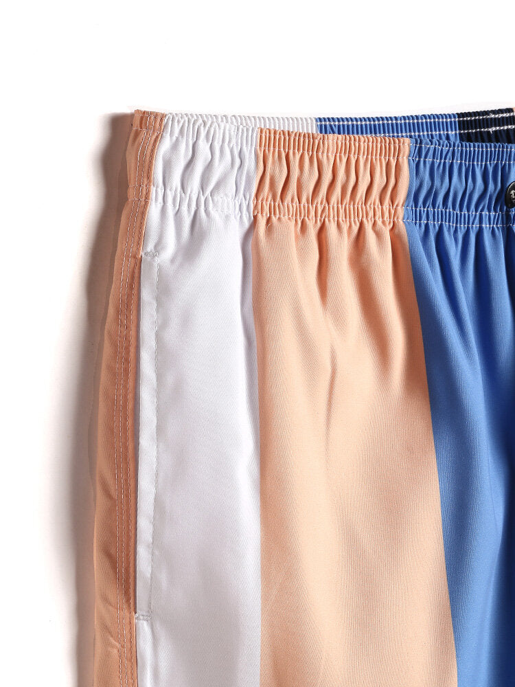 Schnelltrocknende Strandshorts für Herren mit Farbblock-Streifen, Kordelzug und Tasche