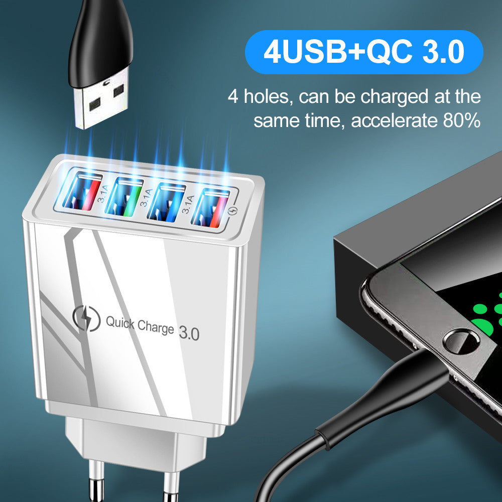 4-Port USB Fast Charger EU Adapter for iPhone 14, Samsung S22, Xiaomi, Huawei