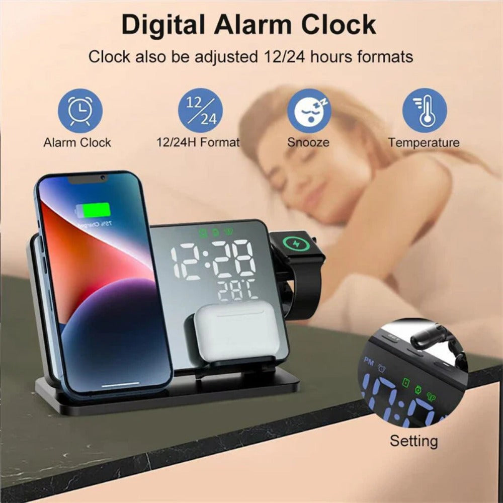 15W Fast Wireless Charger & Alarm Clock for iPhone, Samsung, Huawei, Apple Watch, AirPods