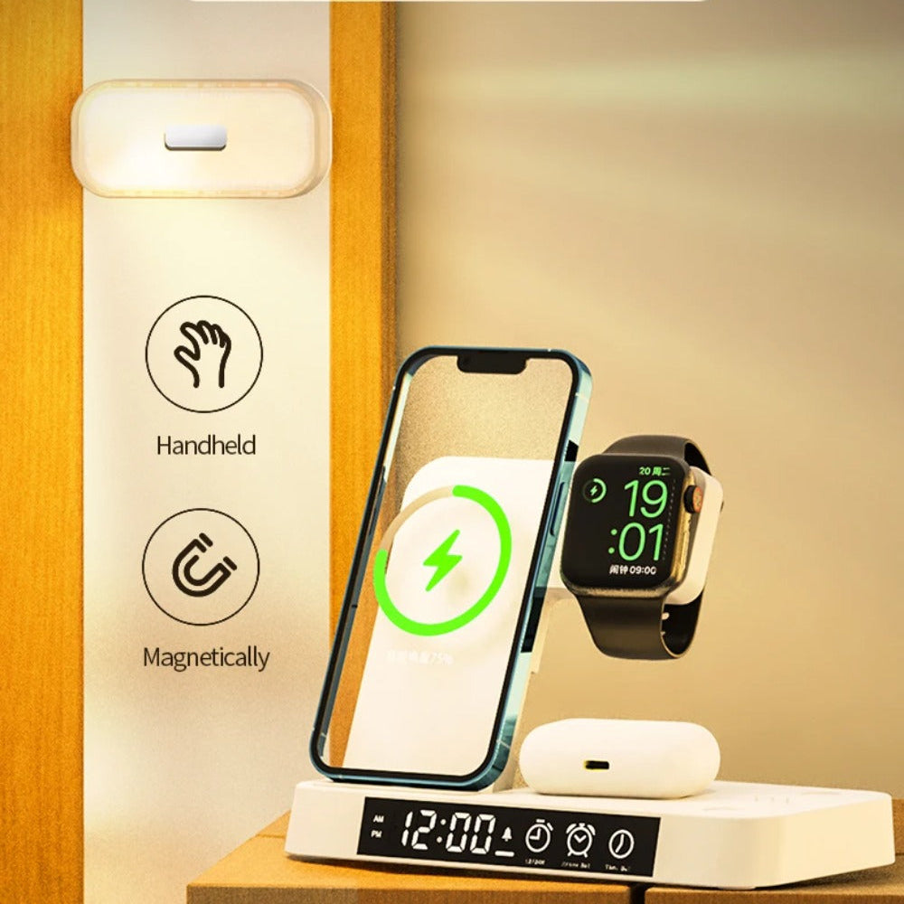 30W 3-in-1 Wireless Charger Stand with Alarm Clock & Night Light for iPhone and Samsung Devices