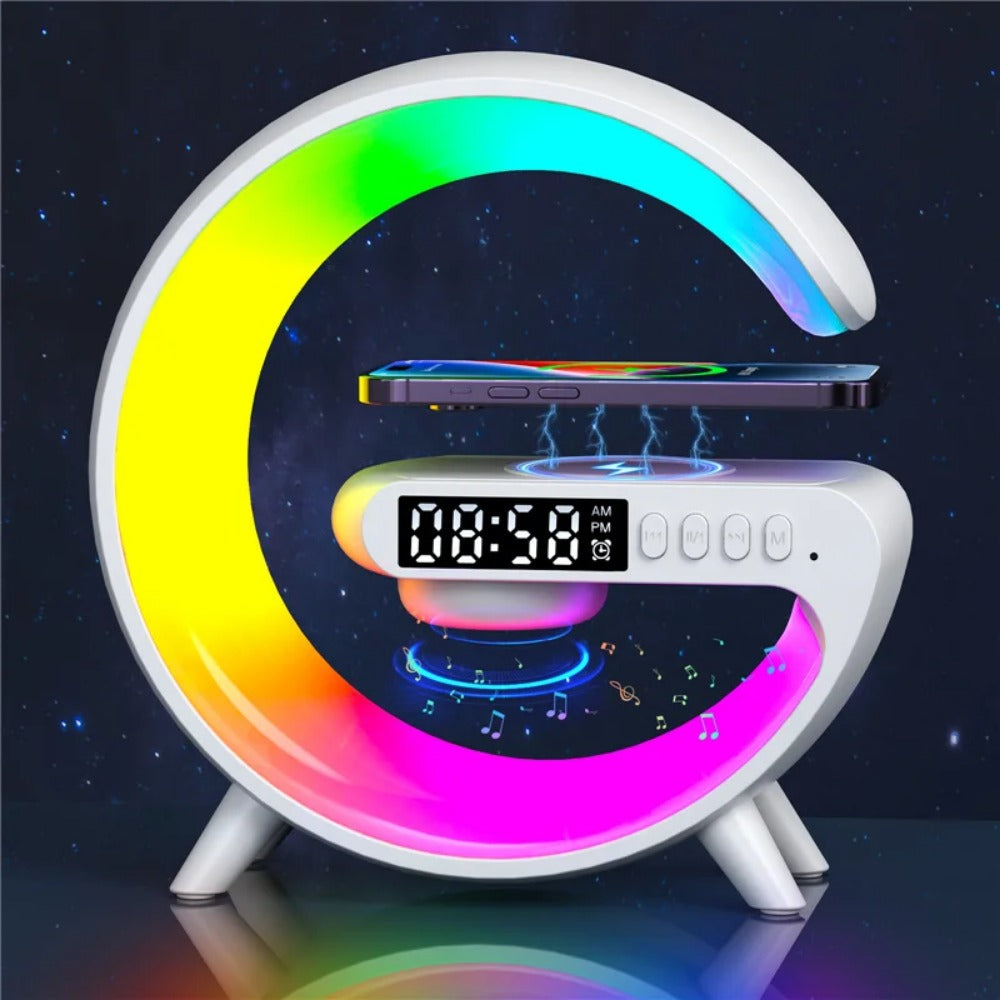 Wireless Charger Stand Speaker with RGB Night Light, Alarm Clock, Fast Charging for iPhone, Samsung, Xiaomi