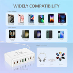 70W 8-Port USB PD Charger: 2 USB-A & 6 USB-C Fast Charging Station for iPhone, Huawei, Xiaomi, Samsung