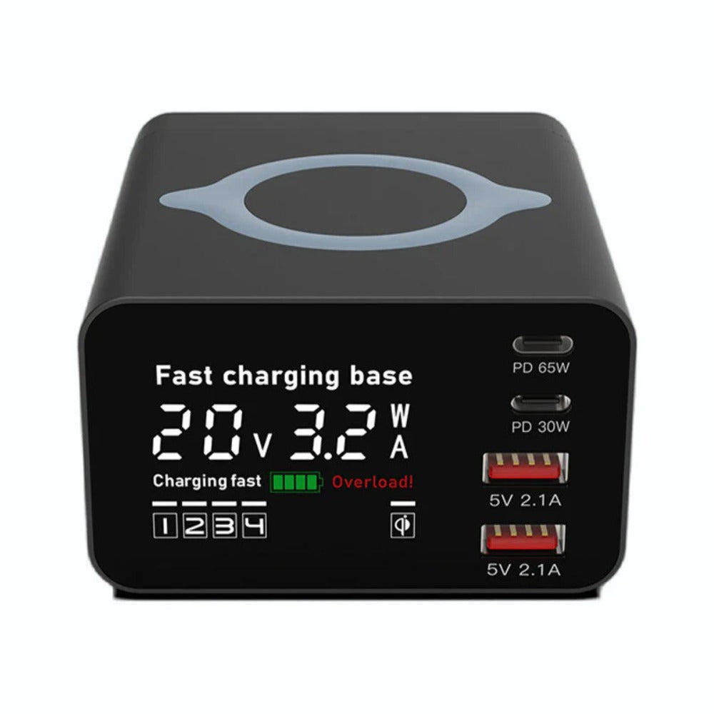 110W 4-Port USB PD Charger: 2 USB-A, 2 USB-C, Fast Wireless Charging Station, EU Plug, for iPhone, Huawei, Samsung, Xiaomi