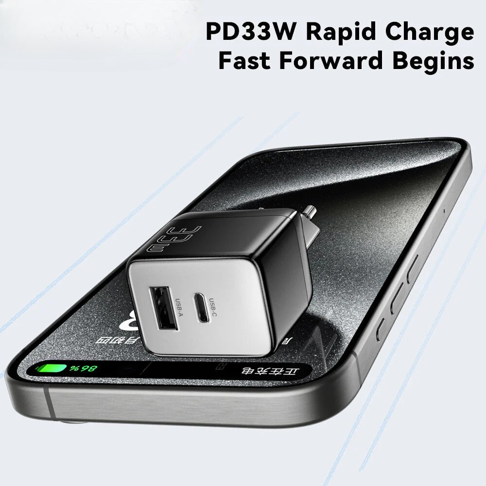 33W GaN USB PD Charger, Dual Port USB-A/USB-C, Fast Charging for iPhone, Huawei, Xiaomi, Oppo