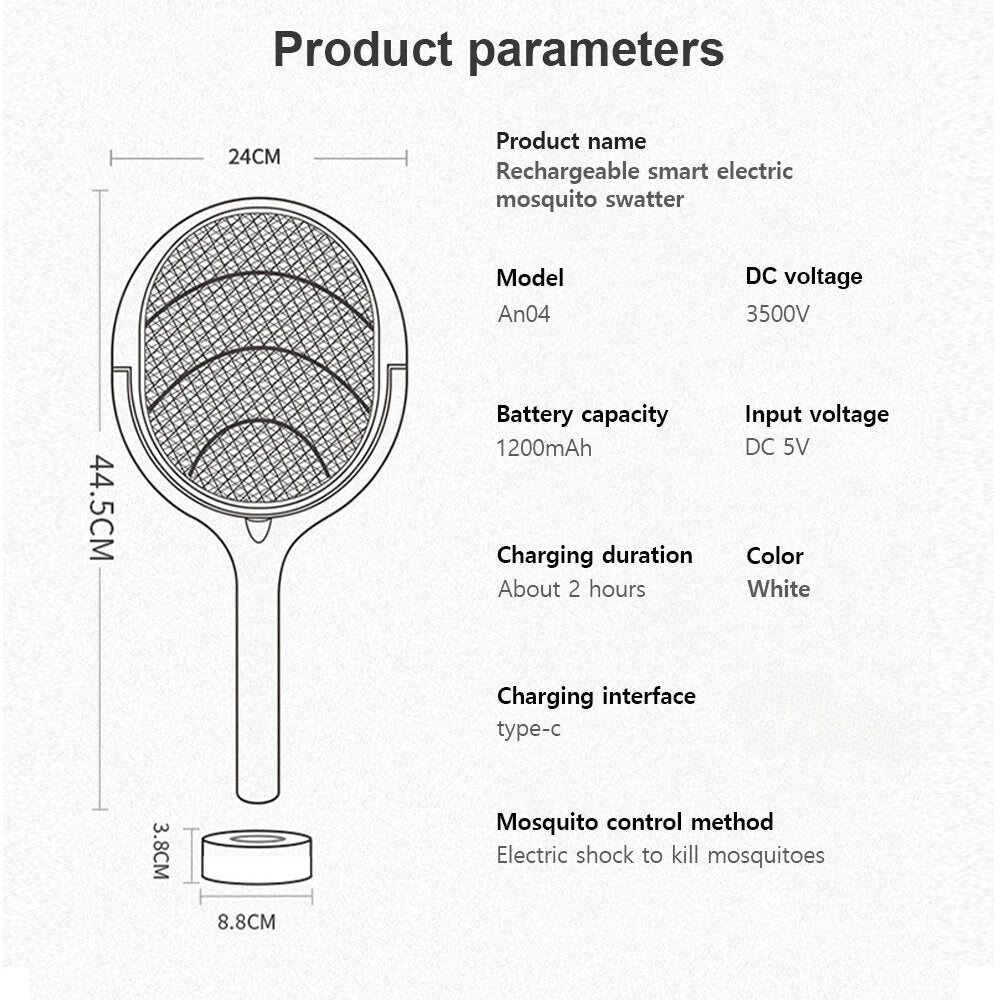 5-in-1 Mosquito Killer Lamp - 3500V Bug Zapper, Rechargeable Fly Swatter with USB Charging