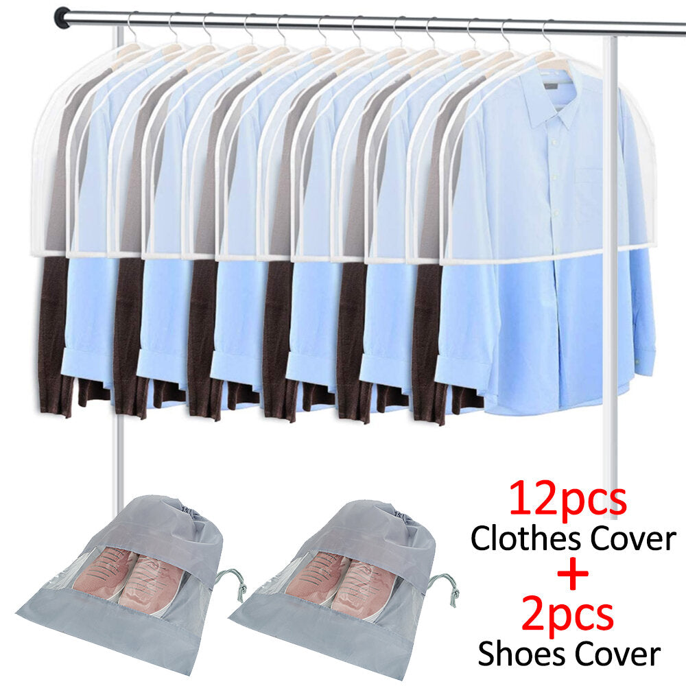 12PCS Waterproof Dustproof Plastic Clothes Covers for Wardrobe Storage & Travel