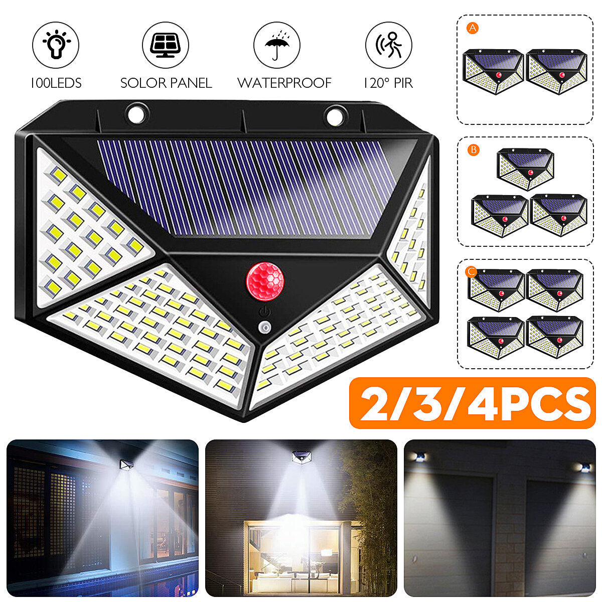 100LED Solar Light - Wireless Motion Sensor, Waterproof, Outdoor Garden Wall Lamp, 2/3/4PCS