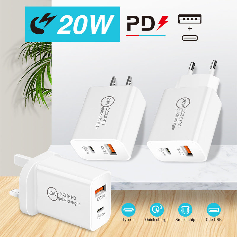 Dualer 20W USB-C PD3.0 QC3.0 Schnellladegerät-Adapter mit EU-Stecker für iPhone, Huawei, Samsung