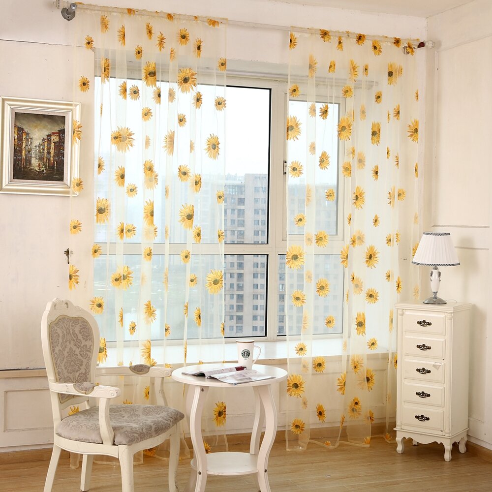 1x2m Sunflower Voile Sheer Curtain Panel - Transparent Window Room Divider Home Decor