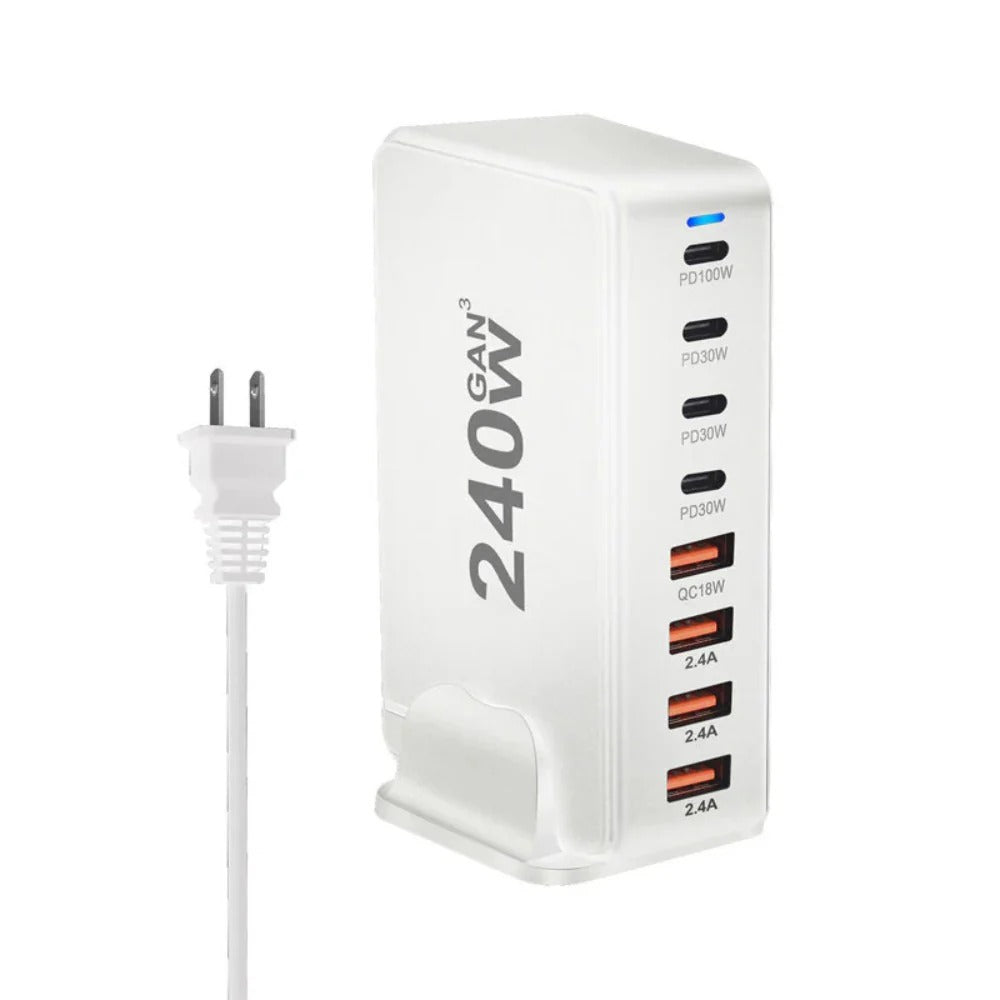 240 W 8-Port GaN USB PD-Ladegerät: 4 USB-A und 4 USB-C, Schnellladen für iPhone, Huawei, Samsung