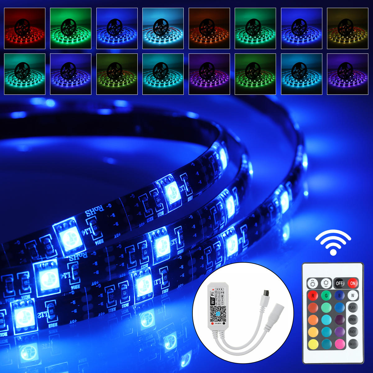 1M 2M 3M USB Waterproof IP65 RGB 5050 WiFi LED Strip Light Kit with 24-Key Remote Control DC5V