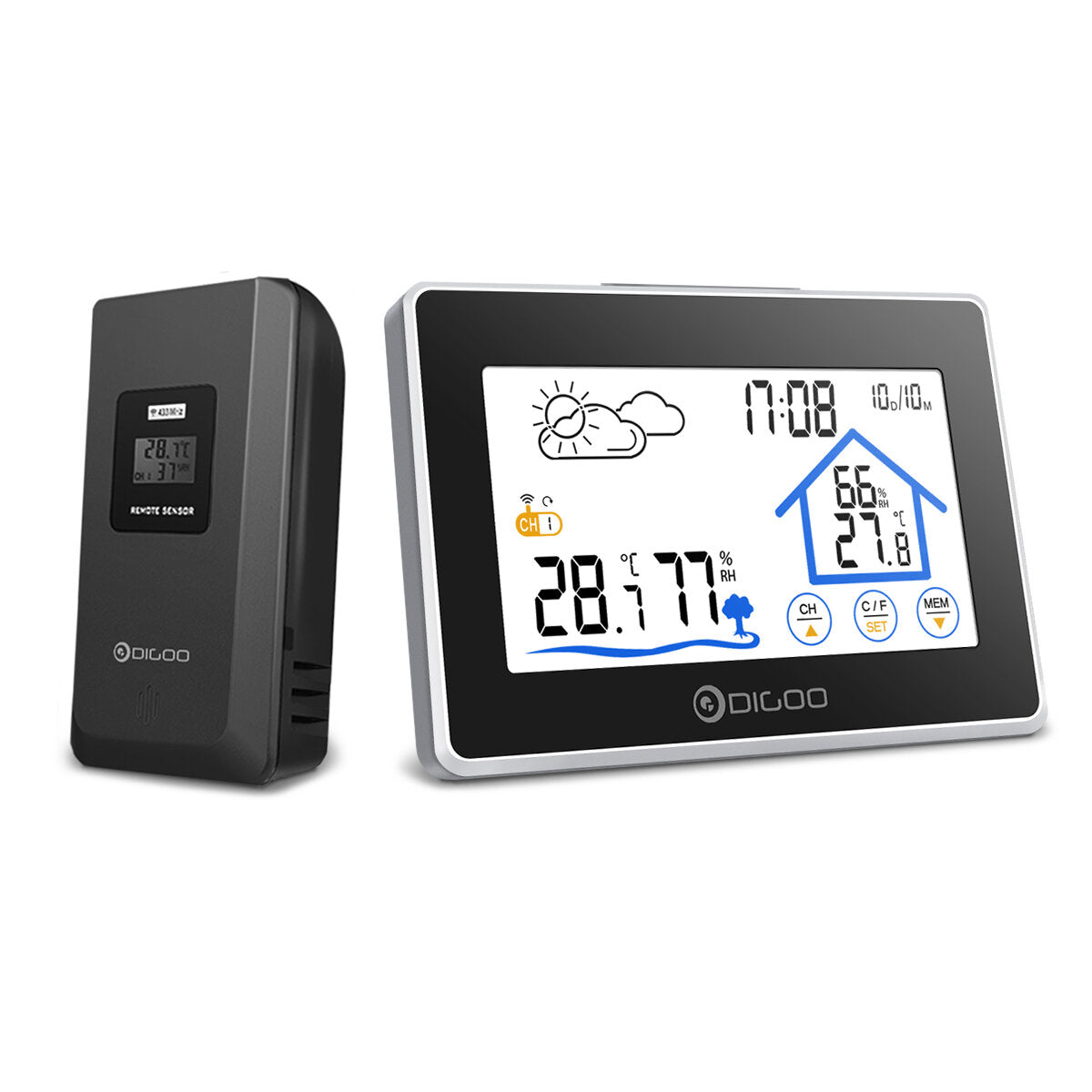 Wireless Touch Screen Weather Station with Thermometer, Hygrometer, Outdoor Forecast Sensor, and Clock