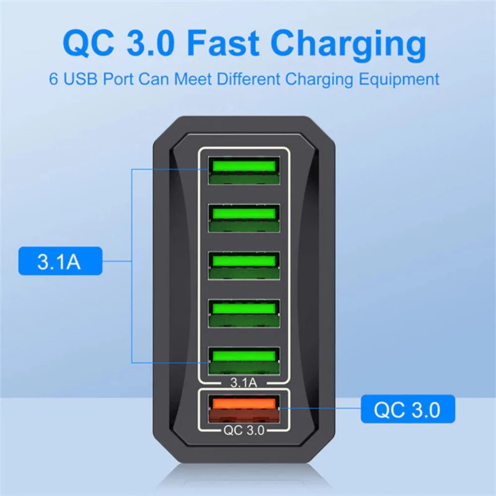 6-Port USB-Ladegerät QC3.0 Schnellladeadapter EU-Stecker für iPhone, Xiaomi, Huawei, Samsung