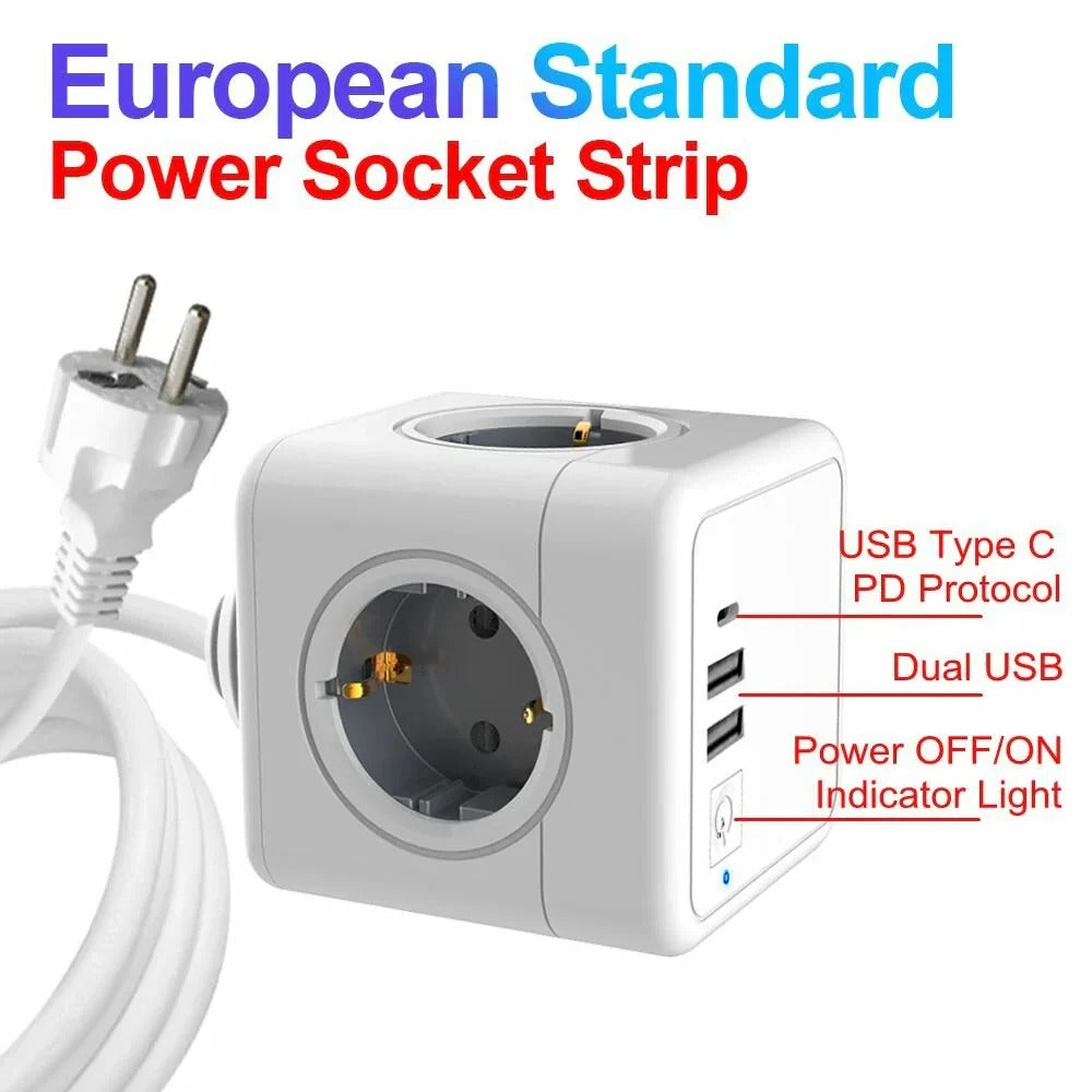 3-in-1 German/EU Wall Socket Power Strip with USB, USB-C Charger & AC Outlets