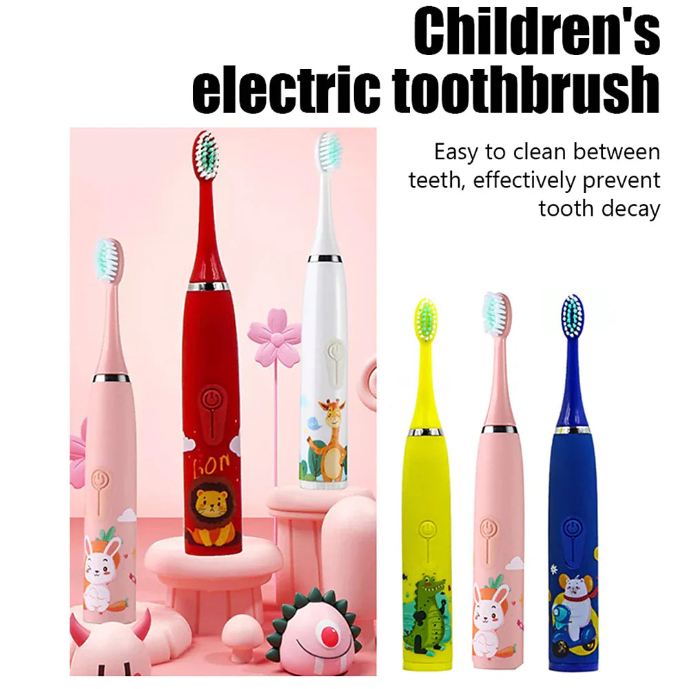 Kids Cartoon Sonic Electric Toothbrush Set with Replacement Heads - Portable Dental Cleaning Device