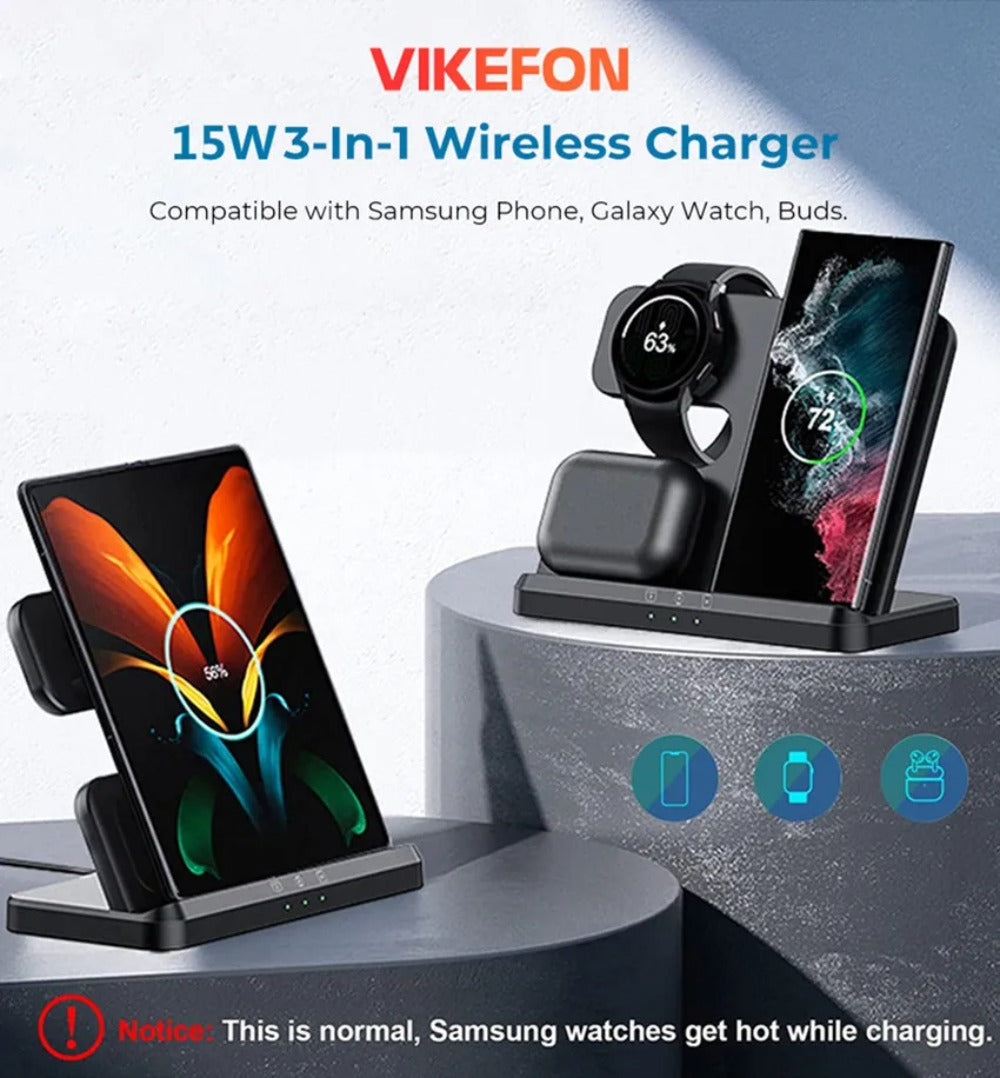 3-in-1 Wireless Charger Stand for Samsung Galaxy S23/S22/S21/S20/Note/Watch/Buds - 15W Fast Charging Dock