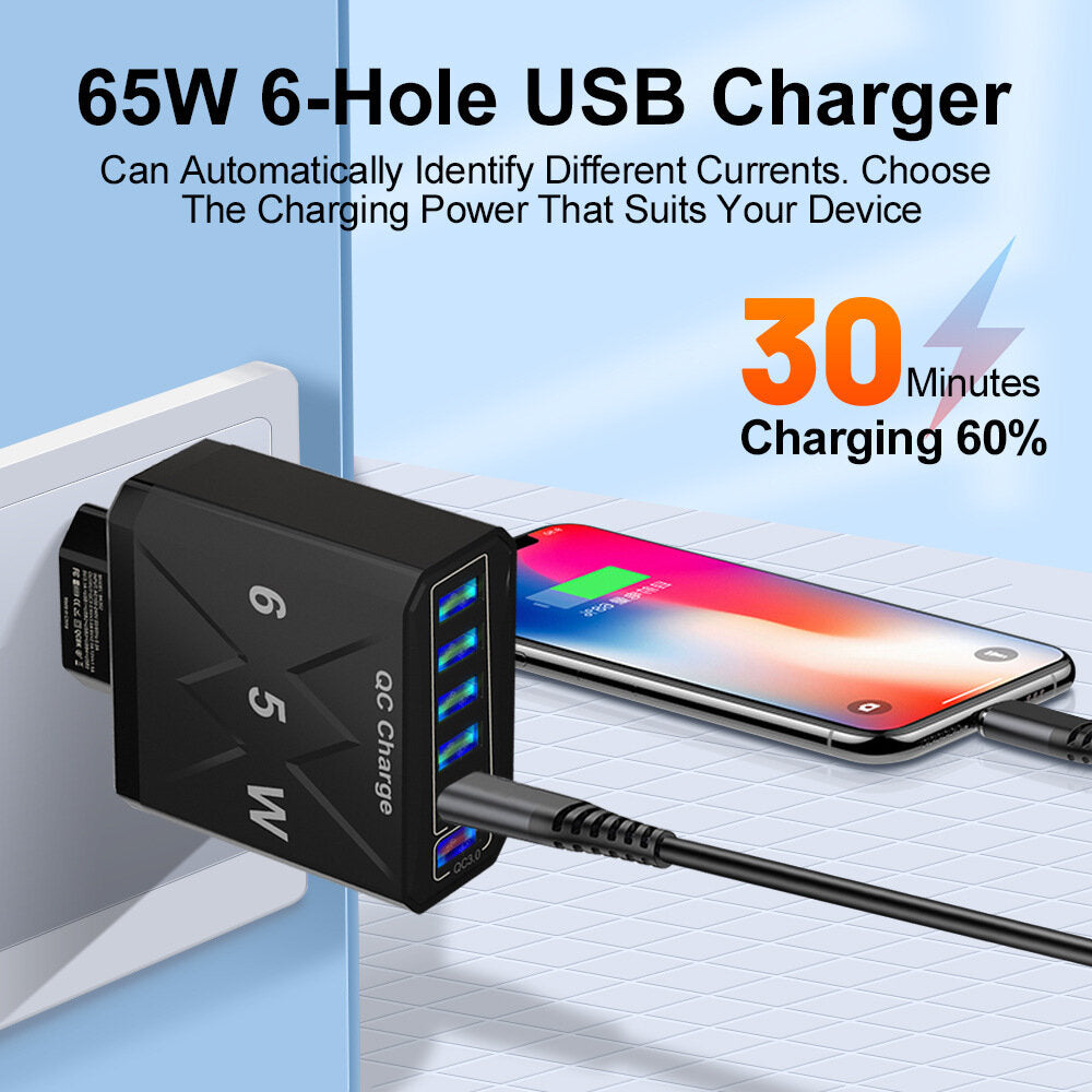 65 W 6-Port USB-Ladegerät, QC3.0-Schnellladeadapter für iPhone, Samsung, Huawei, Oppo, Redmi