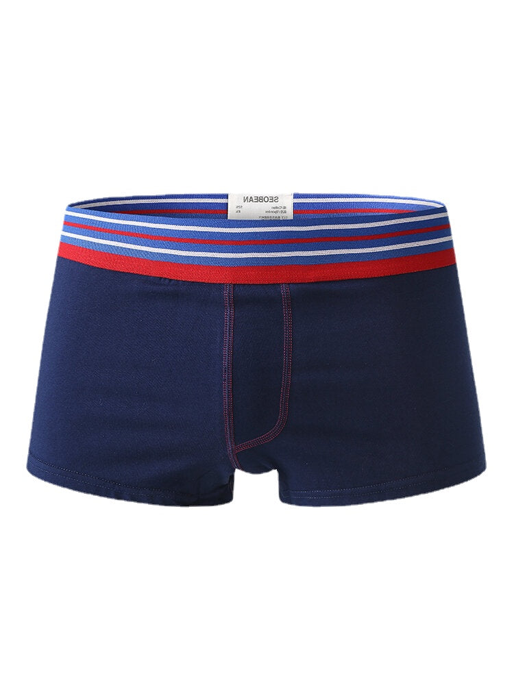 Atmungsaktive Herren-Boxershorts aus Baumwolle mit Streifen, mittlerer Taille und elastischem Patchwork