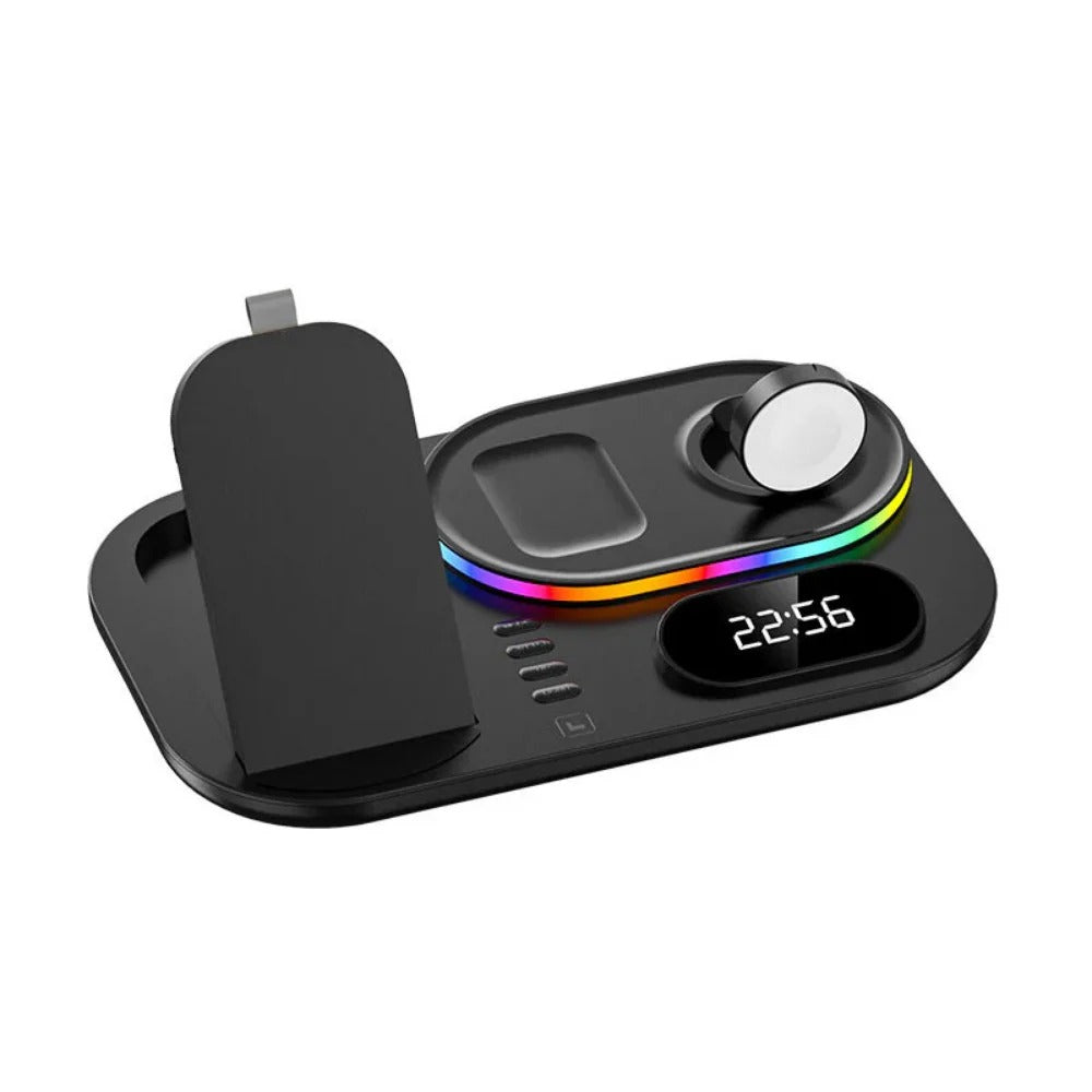 15 W 4-in-1-Drahtlosladegerät mit Digitaluhr und RGB-Lichtern für iPhone, Samsung, Huawei, Xiaomi, AirPods, Apple Watch