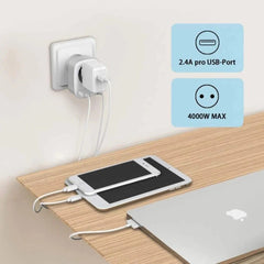 EU 3-in-1 4000W Wall Socket Extender with AC Outlet, 2 USB Ports & Overload Protection