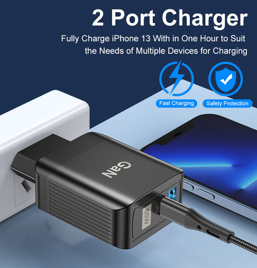 65W GaN Dual USB PD Charger, Fast Charging Adapter for Xiaomi, iPhone, Samsung Devices