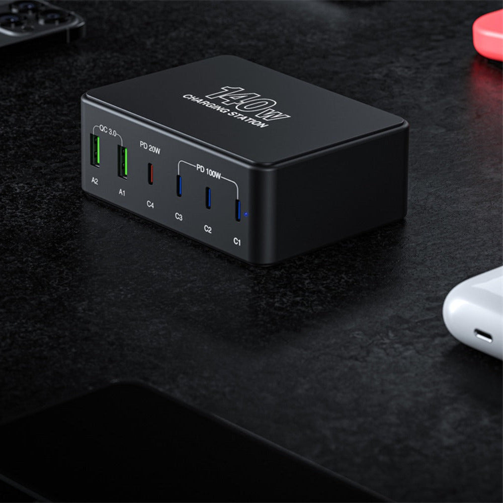 140W 6-Port USB PD Charger: Fast Charging Station with 2 USB-A & 4 USB-C Ports for iPhone, Huawei, Samsung, Xiaomi