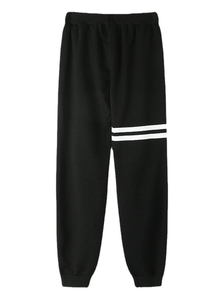 Men's Striped Casual Drawstring Fleece Cotton Knitted Sport Pants with Beam Feet