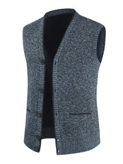 Men's Woolen V-Neck Sleeveless Button-Up Warm Vest with Pocket