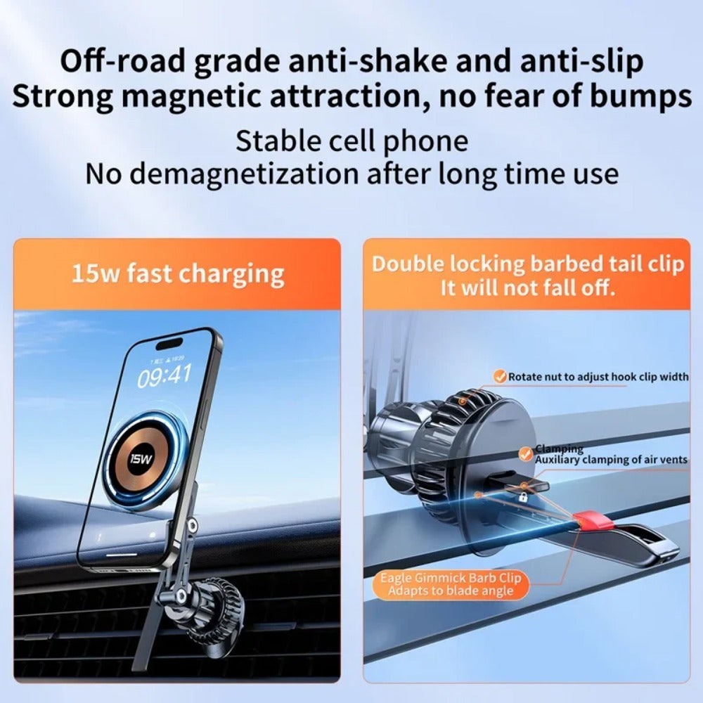 15W Magnetic Car Wireless Charger with 360 Degree Rotation Stand for iPhone & Samsung