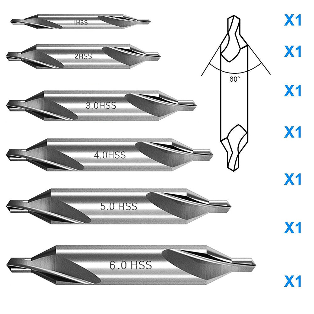 6PCS M2 High-Speed Steel Center Drill Bits Set for Metalworking, 60-Degree, 1.0-6.0mm Countersink Lathe Tools