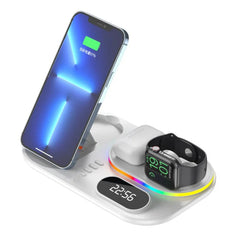 15W 4-in-1 Wireless Charger with Digital Clock & RGB Lights for iPhone, Samsung, Huawei, Xiaomi, AirPods, Apple Watch