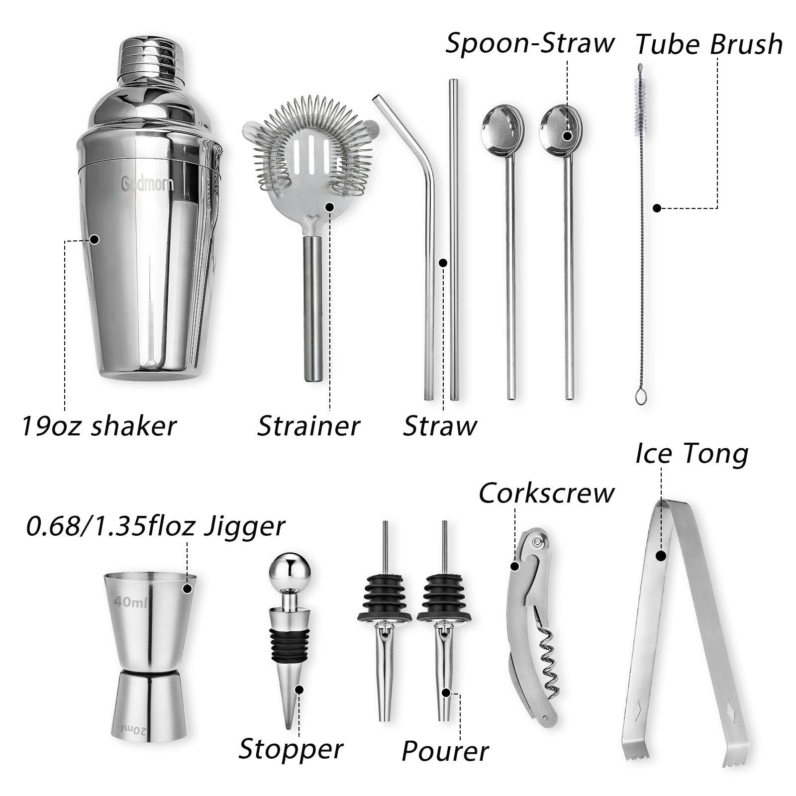 14-Piece Stainless Steel Cocktail Shaker Set with Bamboo Stand