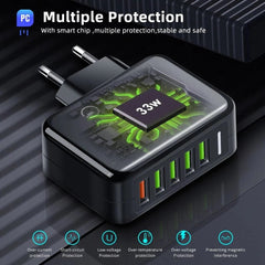 33 W 5-Port USB PD Schnellladegerät QC4.0/3.0 EU/US-Stecker für iPhone, Xiaomi, Huawei, OPPO, Samsung