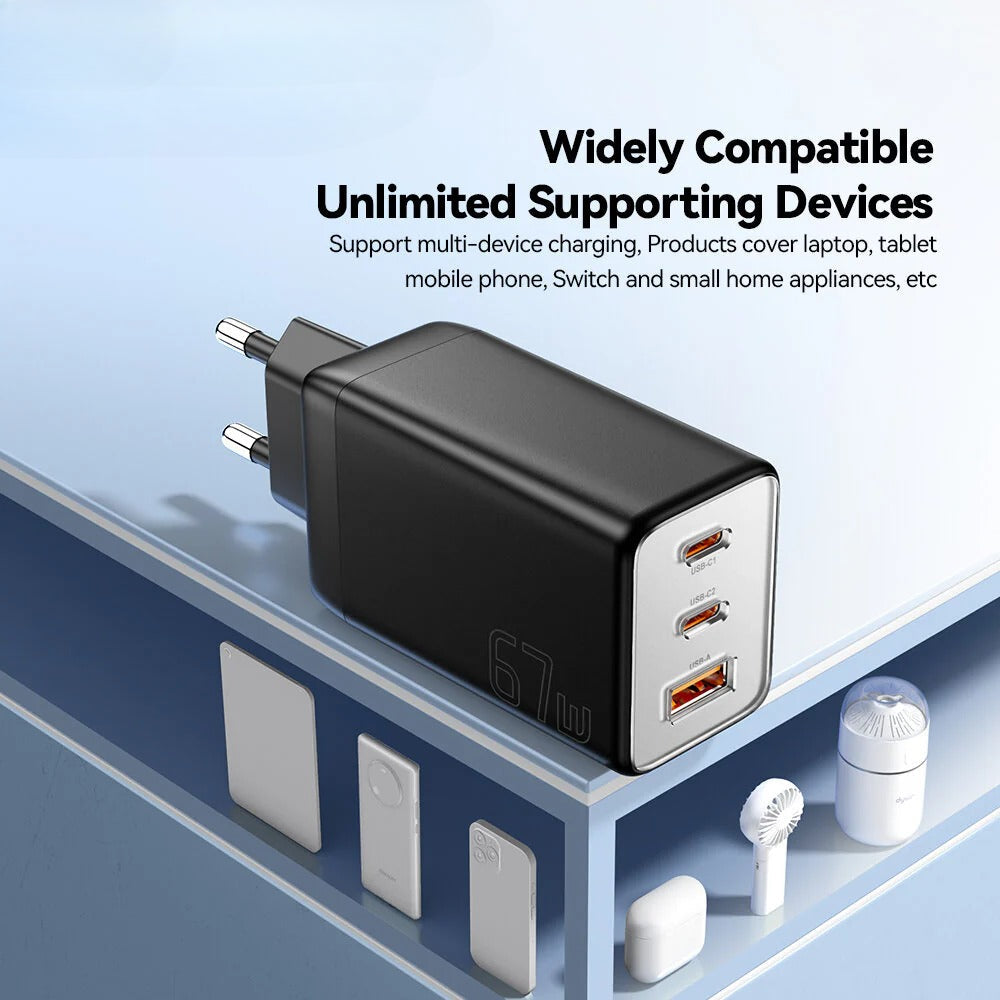 67W GaN 3-Port USB PD Charger: Fast Charging Adapter with 2 USB-C & 1 USB-A for iPhone, Xiaomi, Huawei, Samsung