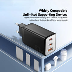 67W GaN 3-Port USB PD Charger: Fast Charging Adapter with 2 USB-C & 1 USB-A for iPhone, Xiaomi, Huawei, Samsung