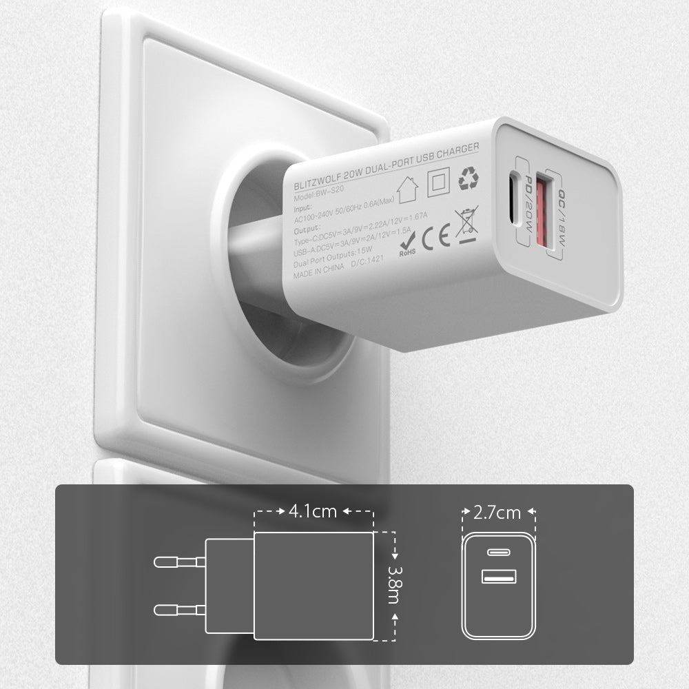 20W Dual-Port PD3.0 QC3.0 Fast Charger EU Plug for iPhone 15 Pro Max, Samsung S23, Xiaomi 13 Pro