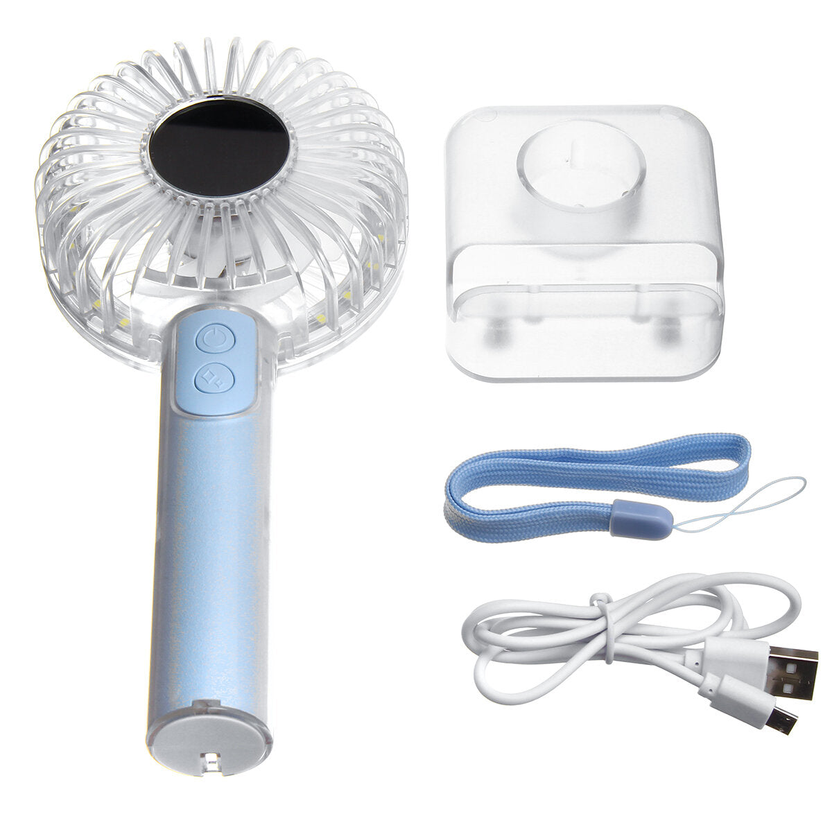 2-in-1-Mini-Handventilator mit Spiegel und Licht, per USB wiederaufladbar – tragbarer Schreibtisch- und persönlicher Kühlventilator