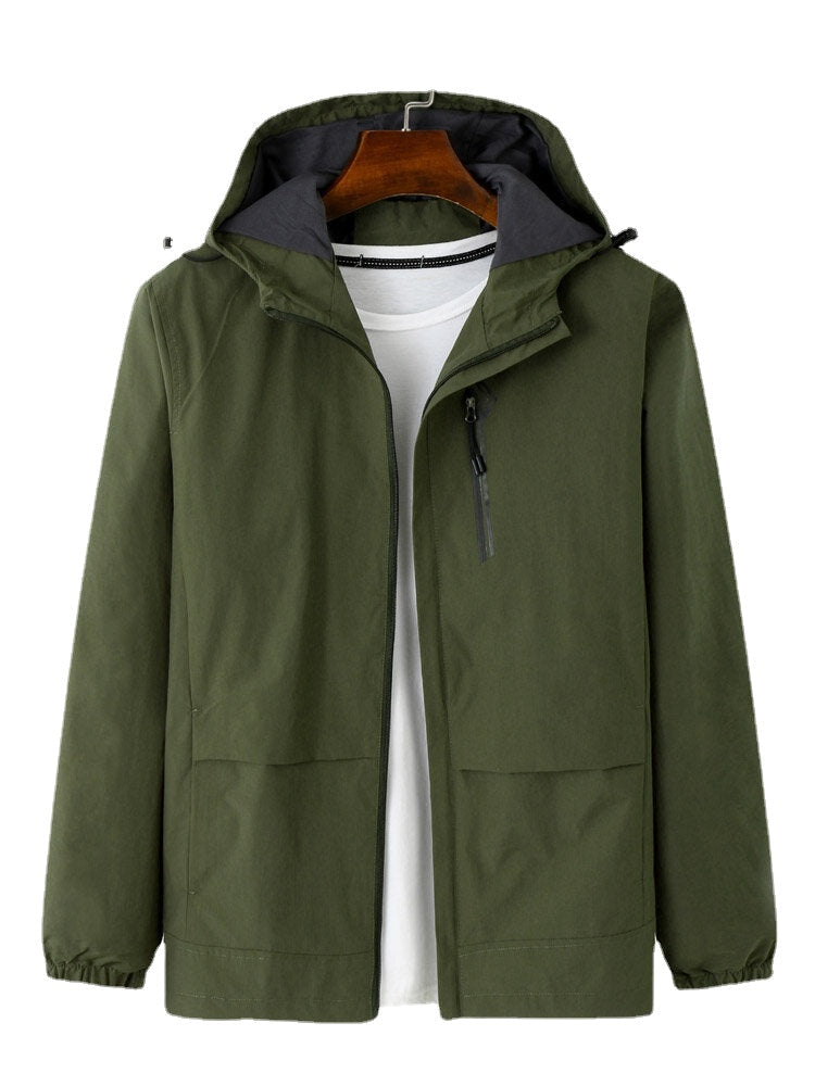 Einfarbiger, langärmliger Freizeitmantel für Herren mit Kapuze, Kordelzug und Reißverschluss vorne