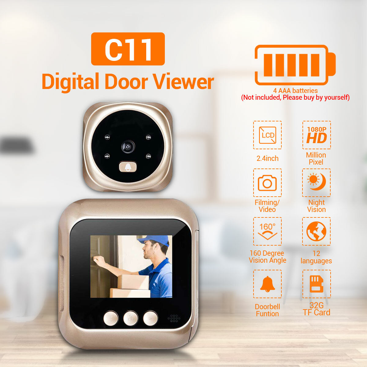 HD 1080P Cat's Eye Camera Doorbell with 2.4" LCD Screen and 4PCS LED Night Vision