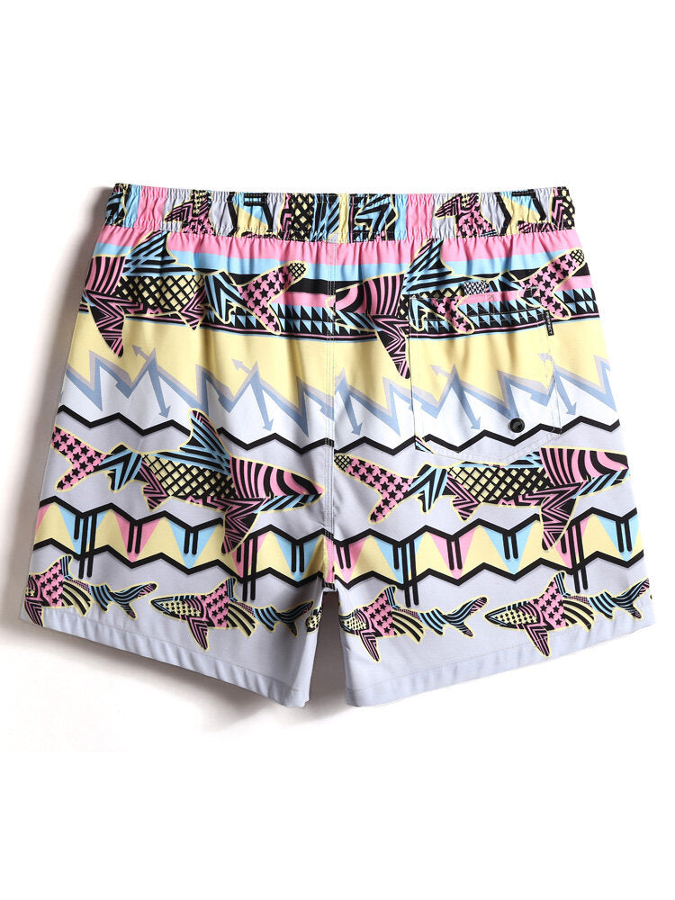 Schnelltrocknende Strandshorts für Herren mit Fisch-Print und Kordelzug in der Taille