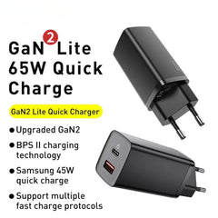 GaN2 65W 2-Port USB PD Fast Charger Adapter EU Plug for iPhone, Huawei, Xiaomi, Samsung