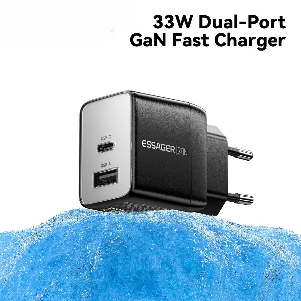 33 W GaN USB PD-Ladegerät, Dual-Port USB-A/USB-C, Schnellladen für iPhone, Huawei, Xiaomi, Oppo