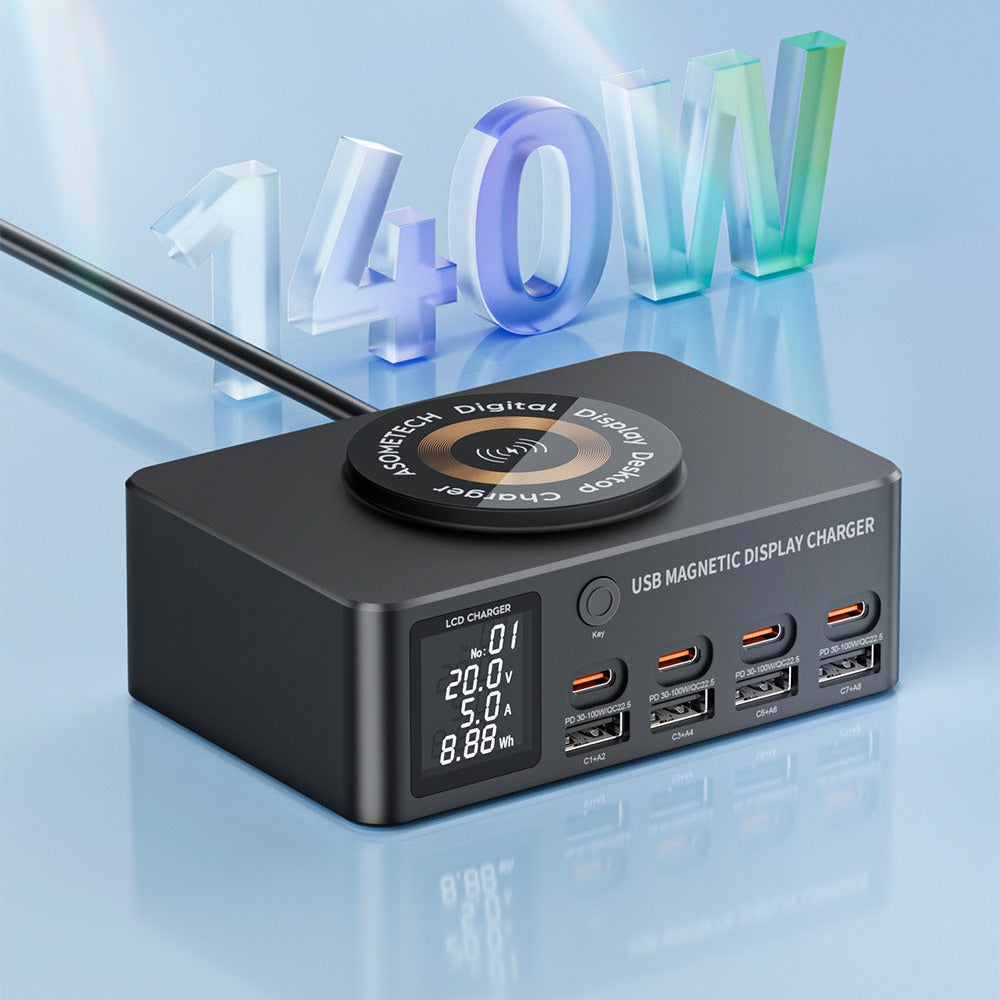 140 W 8-Port USB PD-Ladegerät mit Wireless Pad, Schnellladen für iPhone, Samsung, Huawei, Xiaomi