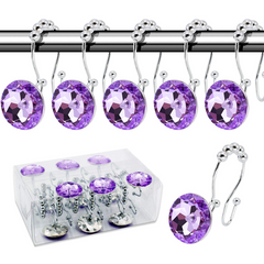 12PCS Round Colorful Transparent Rhinestone Metal Shower Curtain Hooks - Anti-Rust Glide Rings