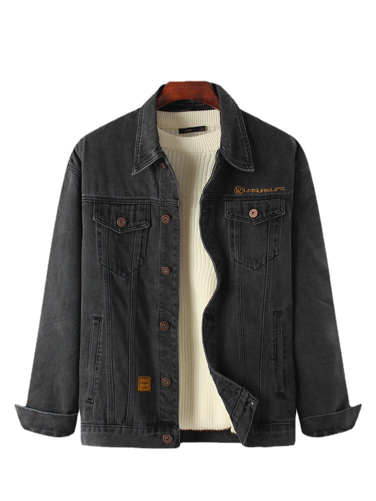Men's Vintage Blue Denim Jacket with Multi Pockets and Long Sleeves
