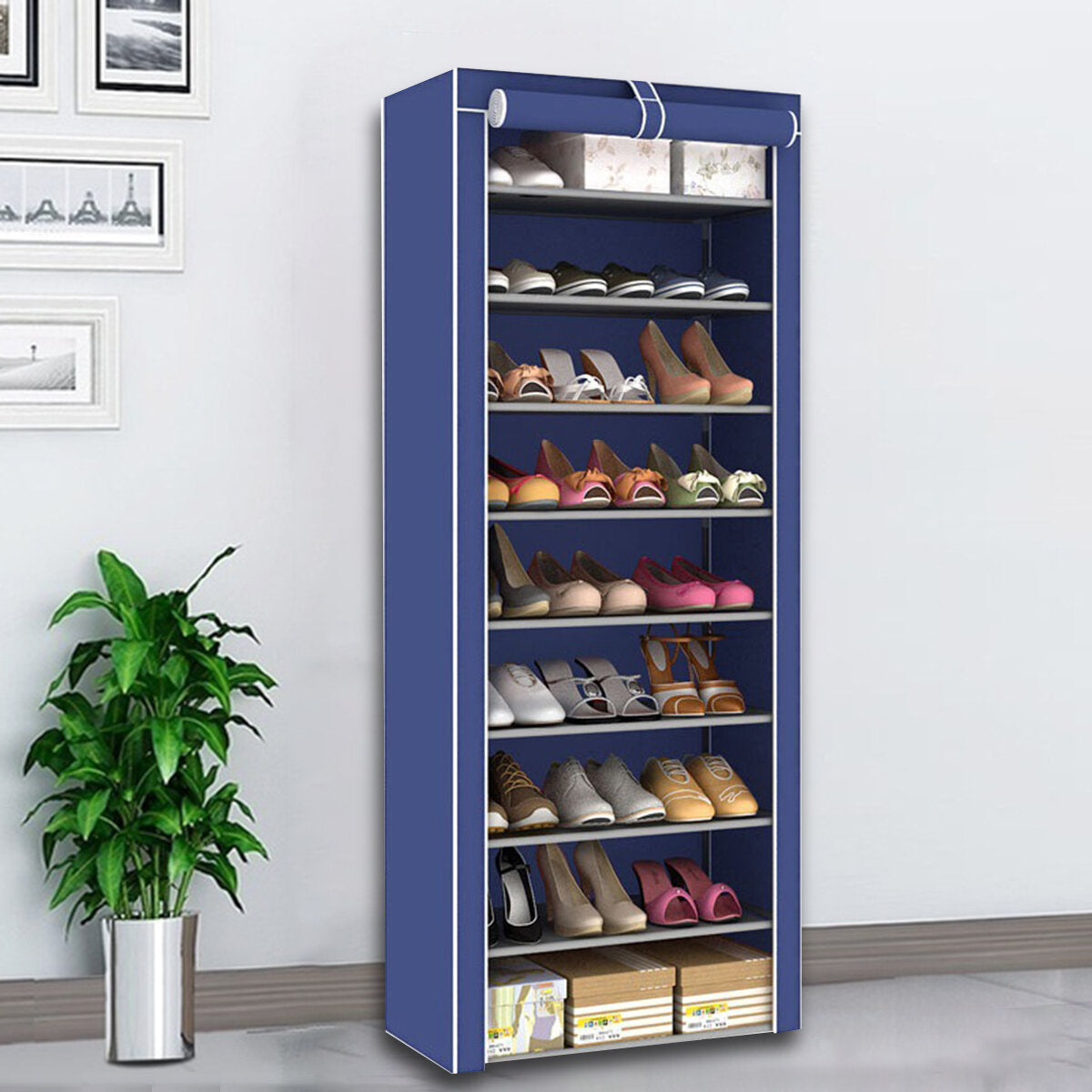 10-Tier Shoe Rack with 9 Lattices, Storage Closet Organizer Cabinet, Dust Cover Included