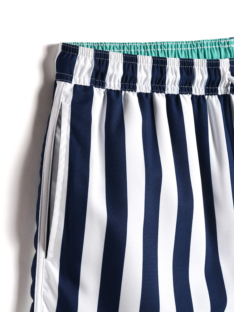 Klassische, gestreifte, schnelltrocknende Strand-Boardshorts für Herren mit Kordelzug in der Taille
