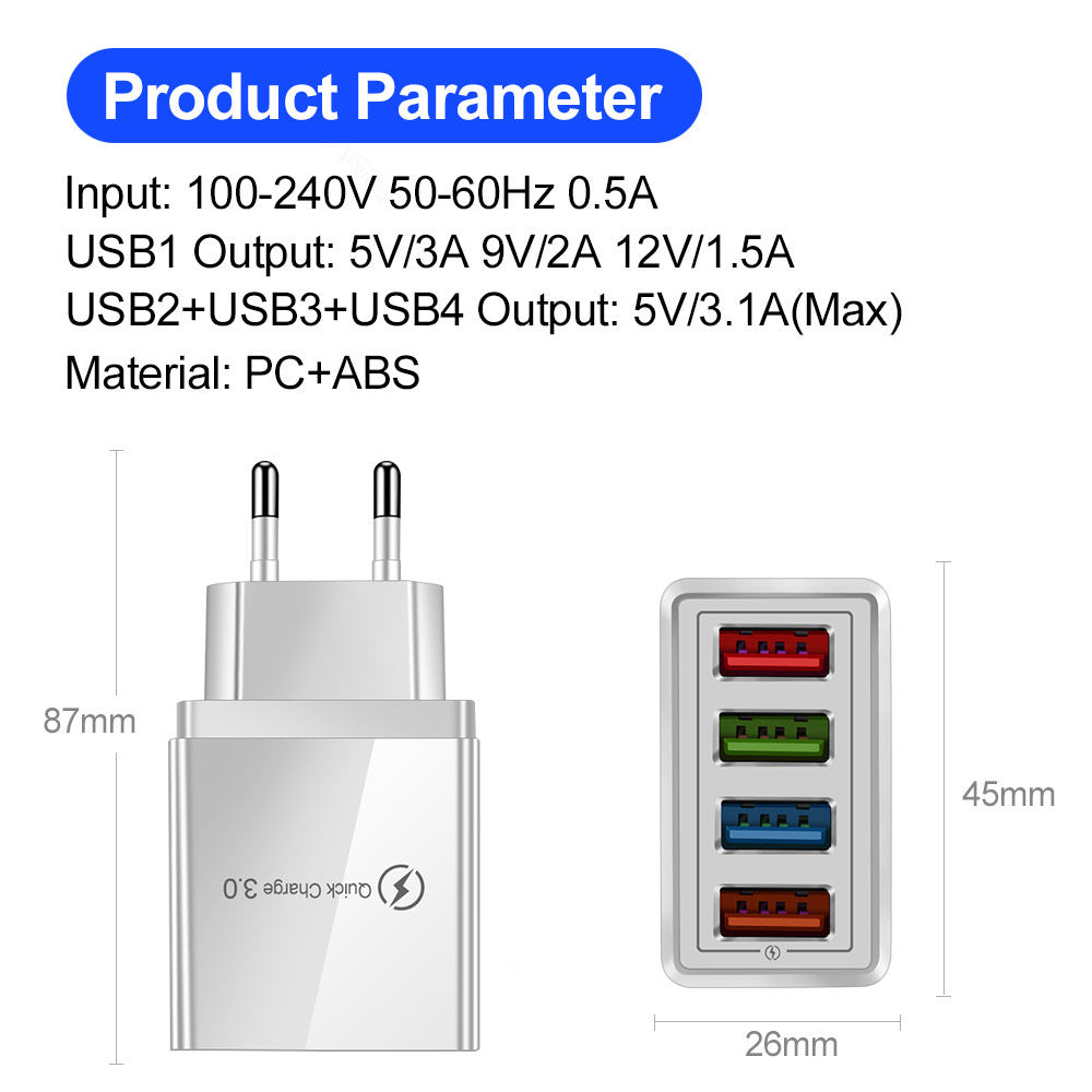 4-Port USB Fast Charger EU Adapter for iPhone 14, Samsung S22, Xiaomi, Huawei